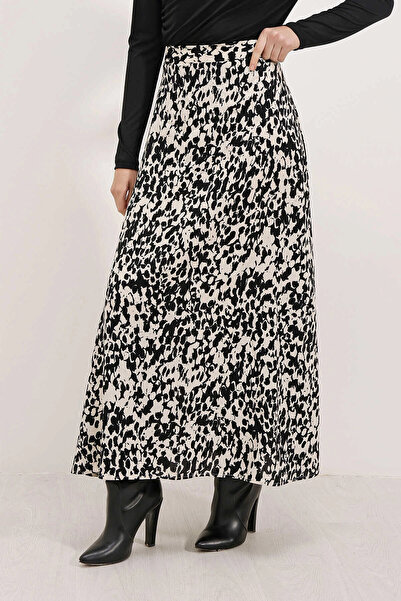 hazelin Жіноча кремова спідниця без підкладки з еластичним поясом і чорним візерунком, середньої довжини HZL24S-BD180031