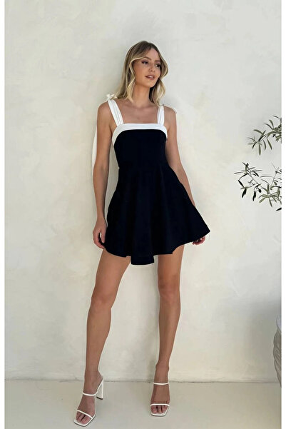 hazelin Kadın Siyah Beyaz Detaylı Askı Bağlamalı Mini Elbise HZL24S-FRY122001