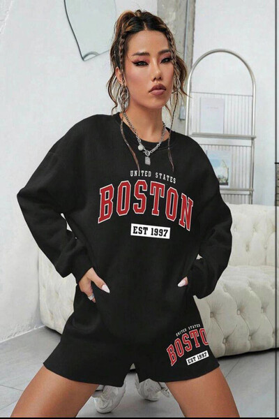 hazelin Kadın Siyah 3 İplik Şardonlu Boston Baskılı Şort Sweatshirt Alt Üst T...