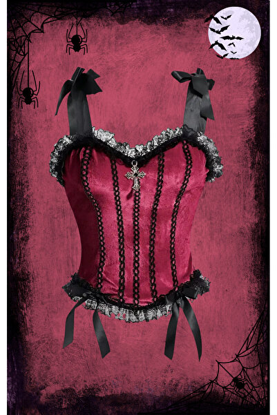 Mournbelle Gotik Dantel Süslemeli Kadife Fiyonk Askılı Bluz