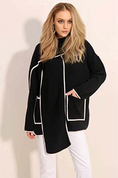 hazelin Women's Black Buttoned Pocket Shawl Collar Scarf Knitwear Cardigan HZL24W-BD1102281