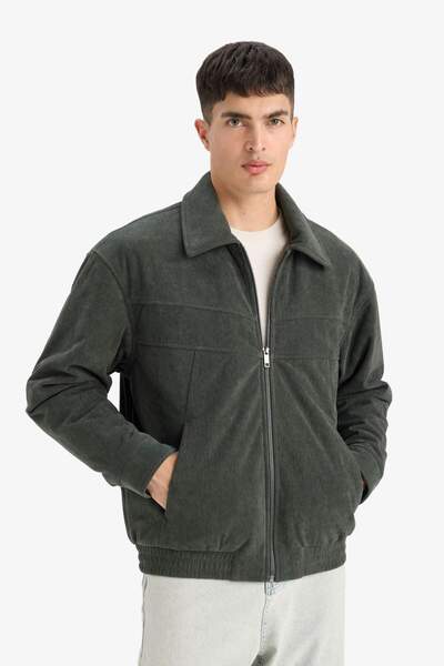 DeFacto Oversize Geniş Kalıp Gömlek Yaka Beli Lastikli Fermuarlı İç Cepli Kadife Mont E9186AX25AU