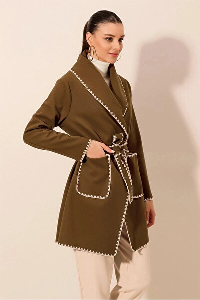 hazelin Women's Brown Embroidery Detailed Belted Waist Unlined Buttonless Cashmere Coat Hzl24W-Bd191301