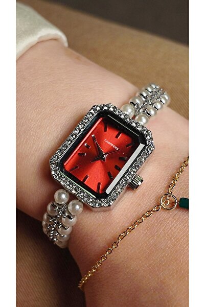 Melinora Dariya Rouge Cornered Stone Red Dial Pearl Detailed Women's Wristwatch