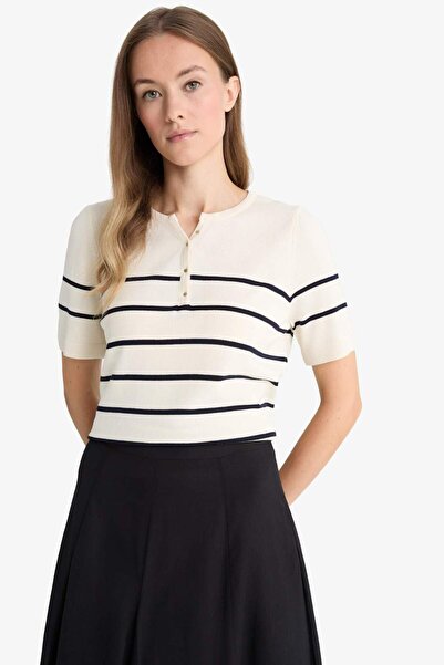 DeFacto Regular Fit Bisiklet Yaka Çizgili Triko Kısa Kollu Kazak F8679AX25AU