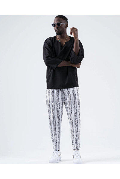 hazelin Ανδρικό λευκό μαύρο στάμπα με κορδόνι μέσης ίσιο παντελόνι τσέπης Φούτερ HZL24S-MXC8948-218
