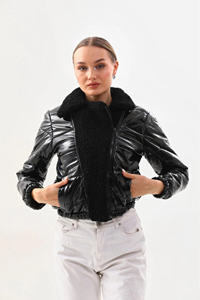 hazelin Γυναικείο μαύρο λουστρίνι με επένδυση στο πλάι και ελαστική μέση, λούτρινο μπουφάν με λεπτομέρειες HZL24W-BRC129381