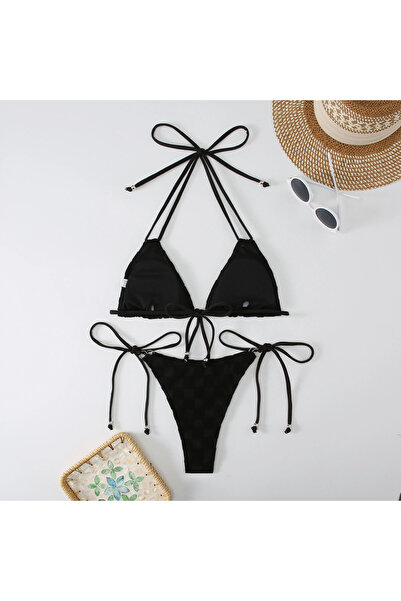 hazelin Κοστούμι μπικίνι με ψηλόμεσο μαύρο σχοινί δεμένο τρίγωνο - HZL24S-LC2229