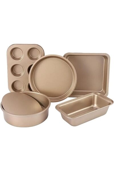 Lumely 5-Pcs Gold Nonstick Baking Set,With Bread,Muffin,Cake & Pizza Pans,Heavy-Duty,Easy Clean