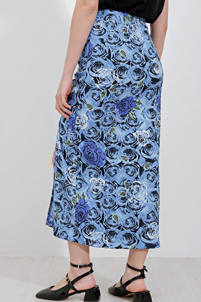 hazelin Жіноча довга спідниця з еластичним поясом і розрізом, з синьо-білим квітковим візерунком HZL24S-BD1180081