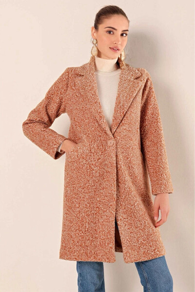 hazelin Kadın Kırçıllı Camel Tek Düğmeli Çift Cepli Astarlı Buklet Kaşe Kaban...