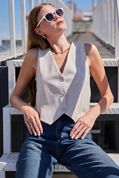 hazelin Cream Colored Women's Vest - Striped and Buttoned, Unlined, Woven HZL24S-BD167941