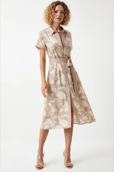 hazelin Cream Viscose Dress - Floral Print, Belted and Buttoned, Summer HZL24S-BD124551