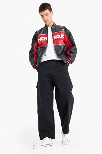 DeFacto Oversize Wide Fit College Collar Bomber Embroidery Detailed Zippered Faux Leather Inner Pocket Coat E9050Ax25Au