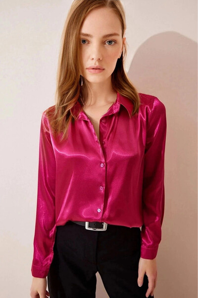 hazelin Women's Dark Pink Lightly Draped Satin Surface Shirt HZL22W-BD139641