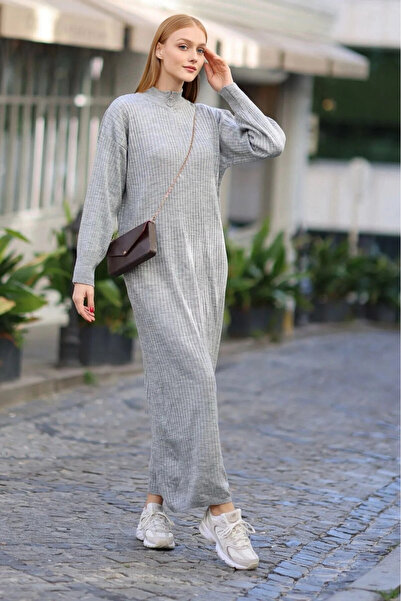 hazelin Γυναικείο πλεκτό φόρεμα με ριμπ γιακά με φερμουάρ σε γκρι χρώμα HZL24W-BD 1102271