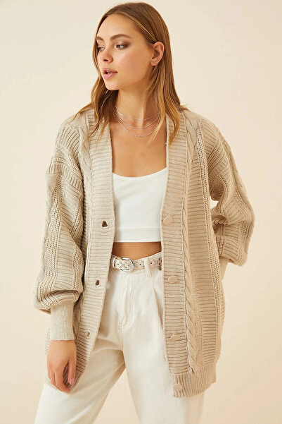 hazelin Women's Beige Hair Knitted Pattern Long Buttoned Comfortable Cut Knitwear Cardigan HZL23W-BD1100691