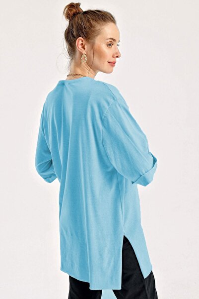 hazelin Γυναικείο πλεκτό μπλουζάκι με λαιμόκοψη τιρκουάζ με σκίσιμο στο πλάι και πλισέ μανίκια Oversize HZL22S-BD143251