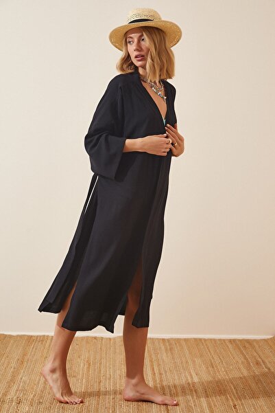 hazelin Kimono lung cu centură neagră pentru femei HZL22S-BD158351