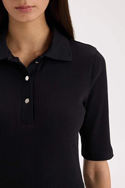 DeFacto Bodycon Vücudu Saran Polo Yaka Fitilli Kaşkorse Kısa Kollu Midi Elbise D8296AX25SP