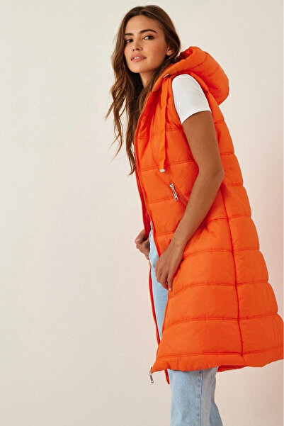 hazelin Жіночий помаранчевий утеплений жилет з капюшоном і підкладкою HZL22W-BD151401