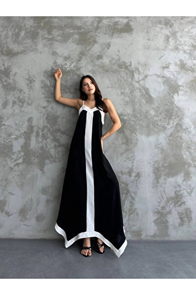 hazelin Black and White V-neck Asymmetrical Dress - Adjustable Rope Strap HZL24S-MJ113041