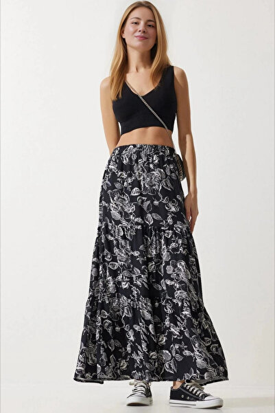 hazelin Чорна спідниця з візерунком квітів та воланами з віскози - Еластичний пояс HZL24S-BD180071
