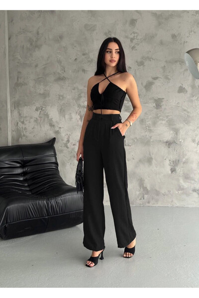 hazelin Kadın Siyah Yüksek Bel Bol Paça Cepli İthal Keten Pantolon HZL24S-FRY...