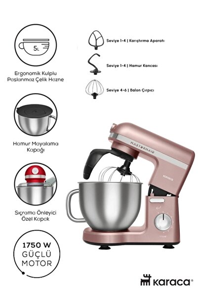 Karaca Kuplu Çelik 5LT Hazne 1750W GÜÇ Yoğurma Püre, Karıştırıcı Mikser ve Ha...