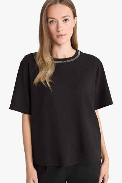 DeFacto Regular Fit Crew Neck Embroidered Crepe Short Sleeve T-Shirt F6506Ax25Au