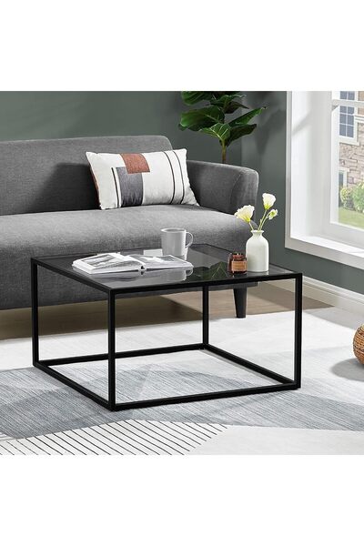 AGD Glass Coffee Table, Modern Simple Square Coffee Table, 27.6 x 27.6 x 15.7 inches for Living Room