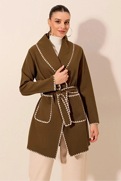 hazelin Women's Brown Embroidery Detailed Belted Waist Unlined Buttonless Cashmere Coat Hzl24W-Bd191301