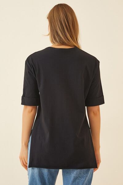 hazelin Γυναικείο πλεκτό μπλουζάκι με μαύρη λαιμόκοψη με πλάγια σχισμή λαβή διπλωμένο υπερμεγέθη πλεκτό μπλουζάκι Hzl22s-bd 143251