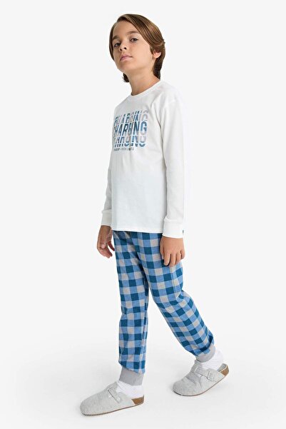 DeFacto Boys' Pajama Set Printed Long Sleeve Top Plaid Long Bottom G2300A825Au