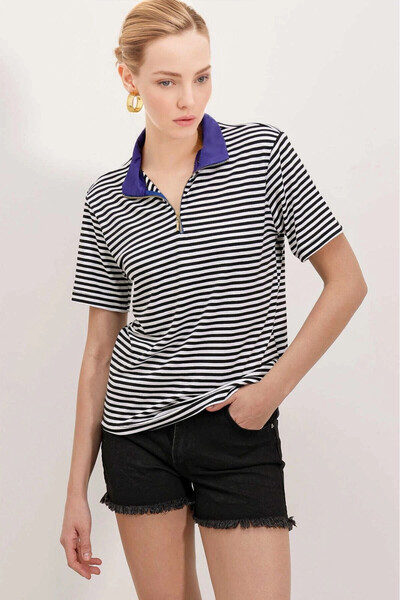 hazelin Жіночий Saks Синій Поло з коміром-стійкою та смужками HZL23S-BD104971