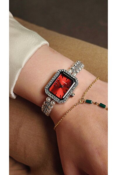 Melinora Dariya Rouge Cornered Stone Red Dial Pearl Detailed Women's Wristwatch