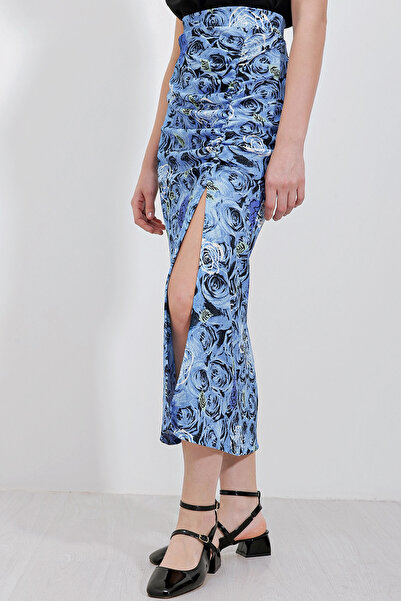 hazelin Жіноча довга спідниця з еластичним поясом і розрізом, з синьо-білим квітковим візерунком HZL24S-BD1180081