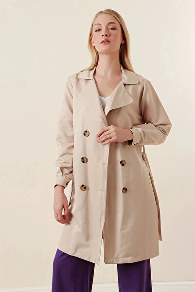 hazelin Women's Cream Double Breasted Collar Belted Unlined Seasonal Casual Short Trench Coat Hzl23S-Bd158641