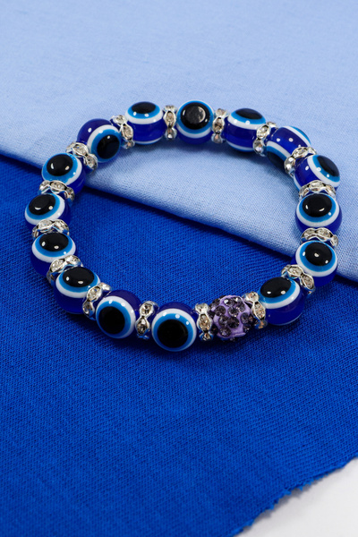biuti Handmade Navy Blue Glass Evil Eye Beaded Bracelet, Gift Purple Shiny St...