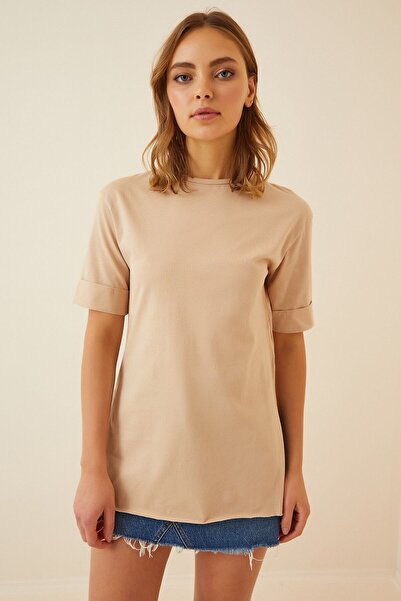 hazelin Γυναικείο μπλουζάκι μπεζ με λαιμόκοψη με σκίσιμο στο πλάι και πλεκτό μεγάλο μέγεθος HZL22S-BD143251