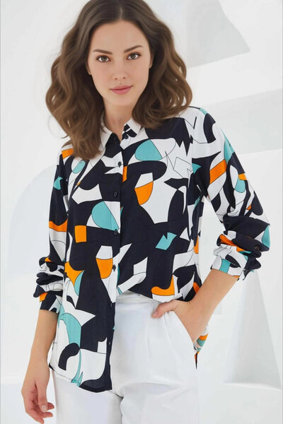 hazelin Geometric Patterned Black and White Viscose Shirt - Long Sleeve, Oversize, HZL24S-BD1202251