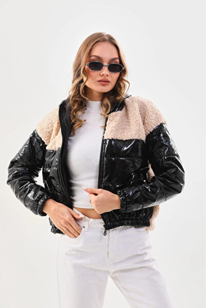 hazelin Women's Cream Black Patent Leather Zippered Lined Crop Plush Coat with Elastic Waist HZL24W-BRC129361