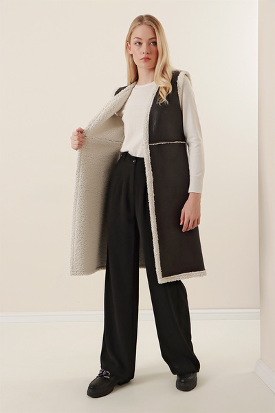 hazelin Kadın Siyah İçi Suni Kürklü Uzun Suni Deri Yelek HZL23W-BD167861