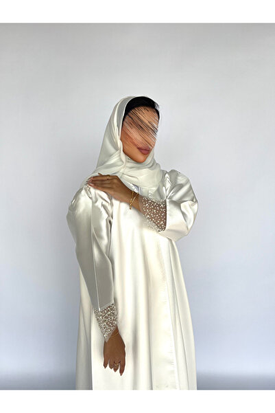 outline Luxurious white summer abaya decorated with pearls