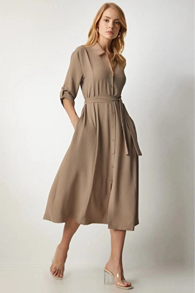 hazelin Kadın Krem Gizli Cepli Kuşaklı Viskon Gömlek Elbise HZL24S-BD124421