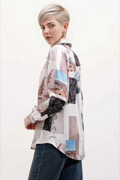 hazelin Ανοιχτό μπεζ στάμπα σατέν πουκάμισο για γυναίκες - ελαφρύ και επιφανειακό HZL24S-BD 1202441