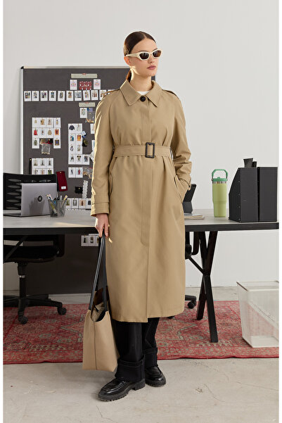 Fatma Atasoy Tek Sıra Düğmeli Sütlü Kahve Trençkot