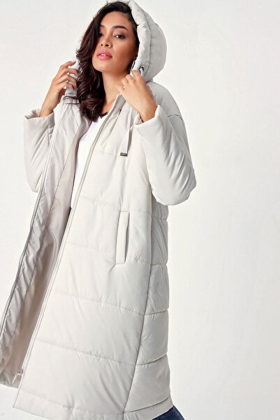 hazelin Women's Ecru Hooded Long Oversize Puffer Coat Hzl22W-Bd151201