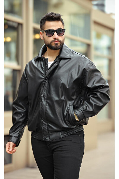 BELİZMOD Men's Oversize Premium Leather Jacket Black Suitable for Autumn and ...