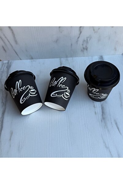 maycup 8 Oz Kapaklı Karton Bardak Latte Bardağı Siyah 500 Adet Bardak 500 Adet Kapak